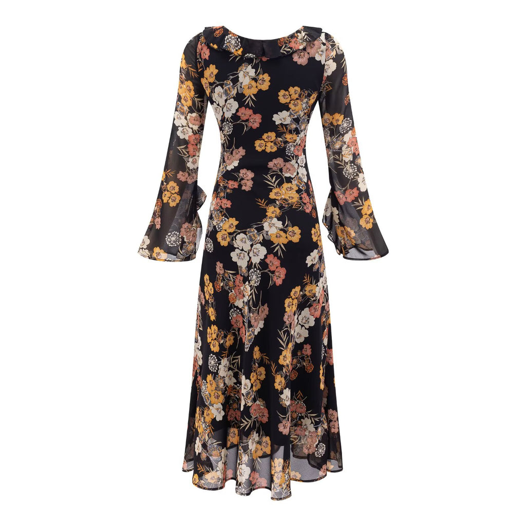 Women's Floral V-Neck Bell Sleeve Ruffled Maxi Dress