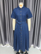 Retro V-Neck Lace-Up Denim Dress Maxi Fashionable French Elegant