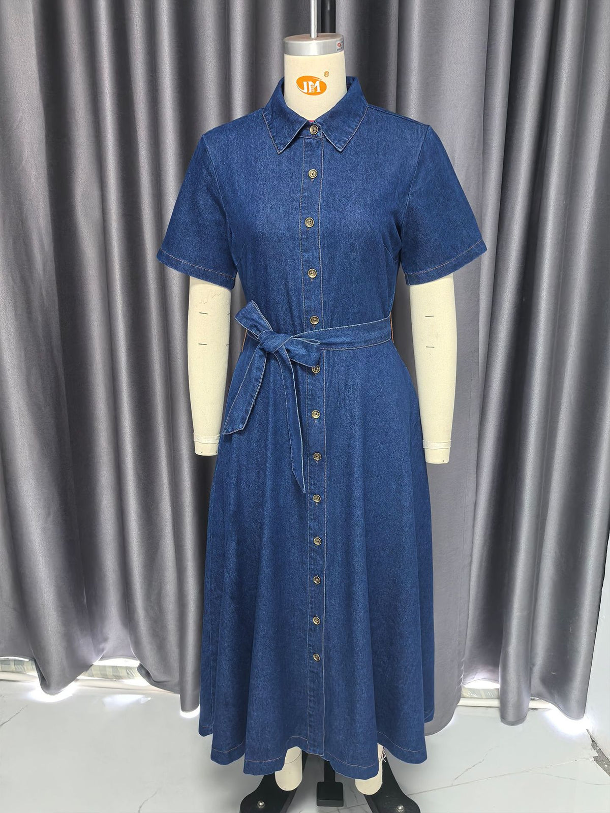 Retro V-Neck Lace-Up Denim Dress Maxi Fashionable French Elegant