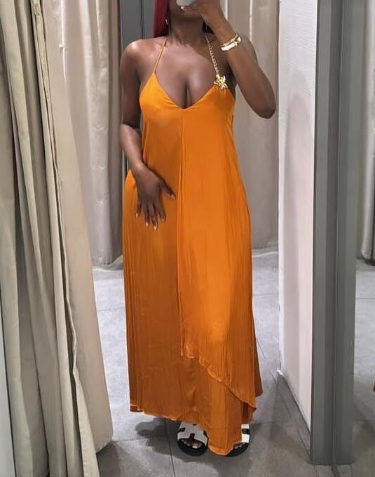 Satin Chain-Detail Halter Maxi Dress