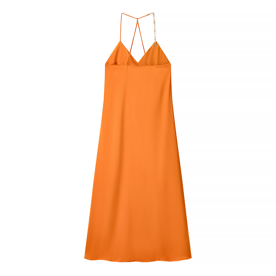 Satin Chain-Detail Halter Maxi Dress