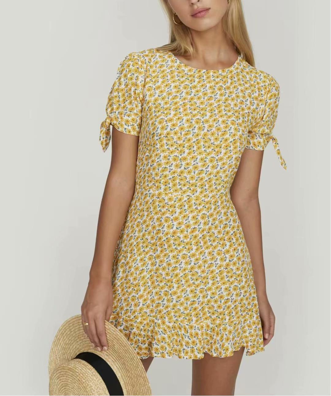 Sweet Spicy Printed Cuff Knotted Vacation Slim Dress