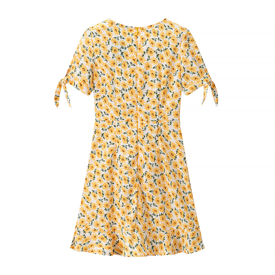 Sweet Spicy Printed Cuff Knotted Vacation Slim Dress