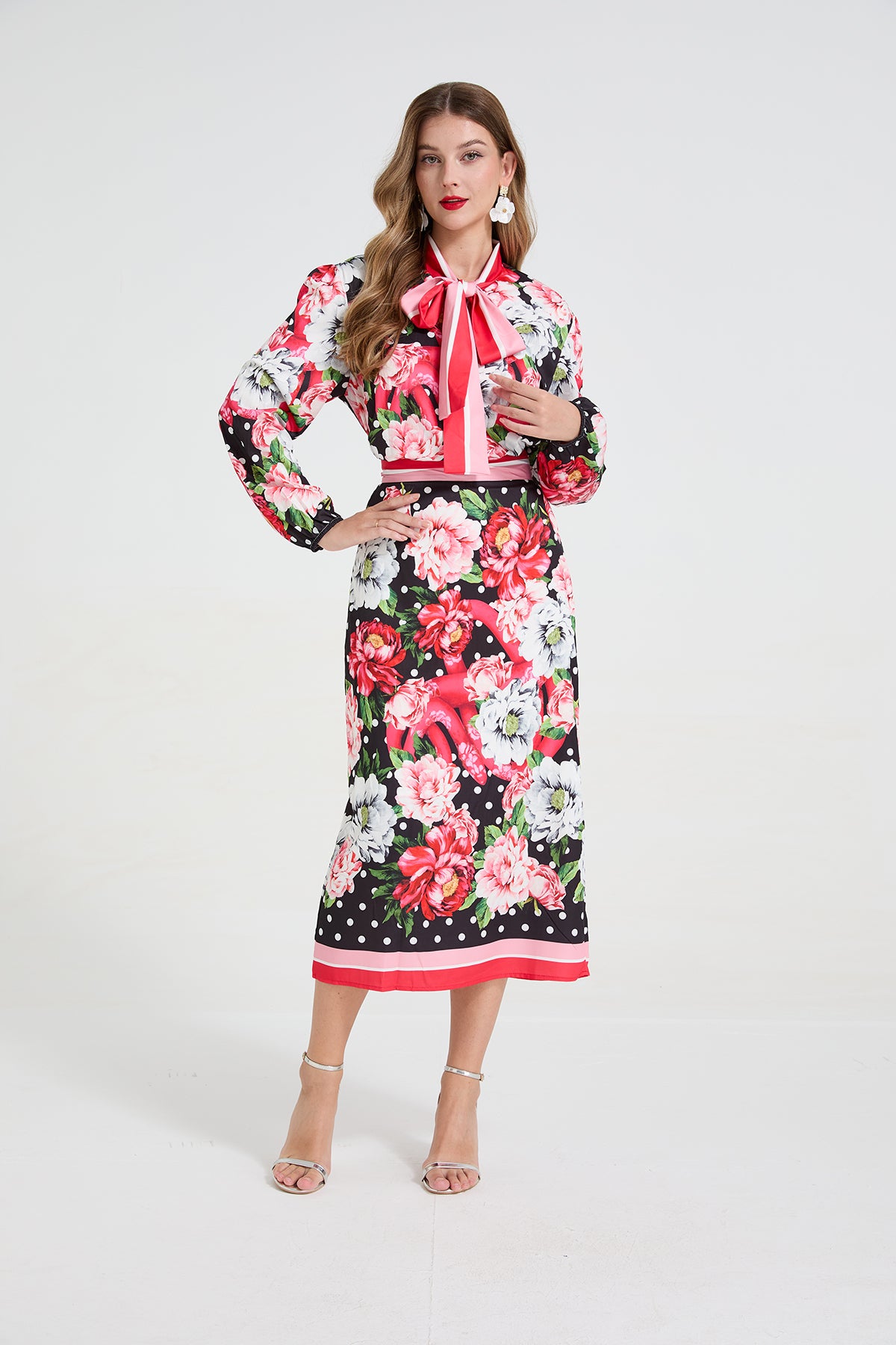 Women's Polka-Dot Shirt & Midi Skirt Set
