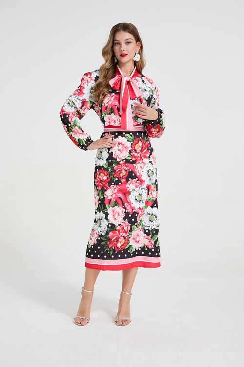 Women's Polka-Dot Shirt & Midi Skirt Set