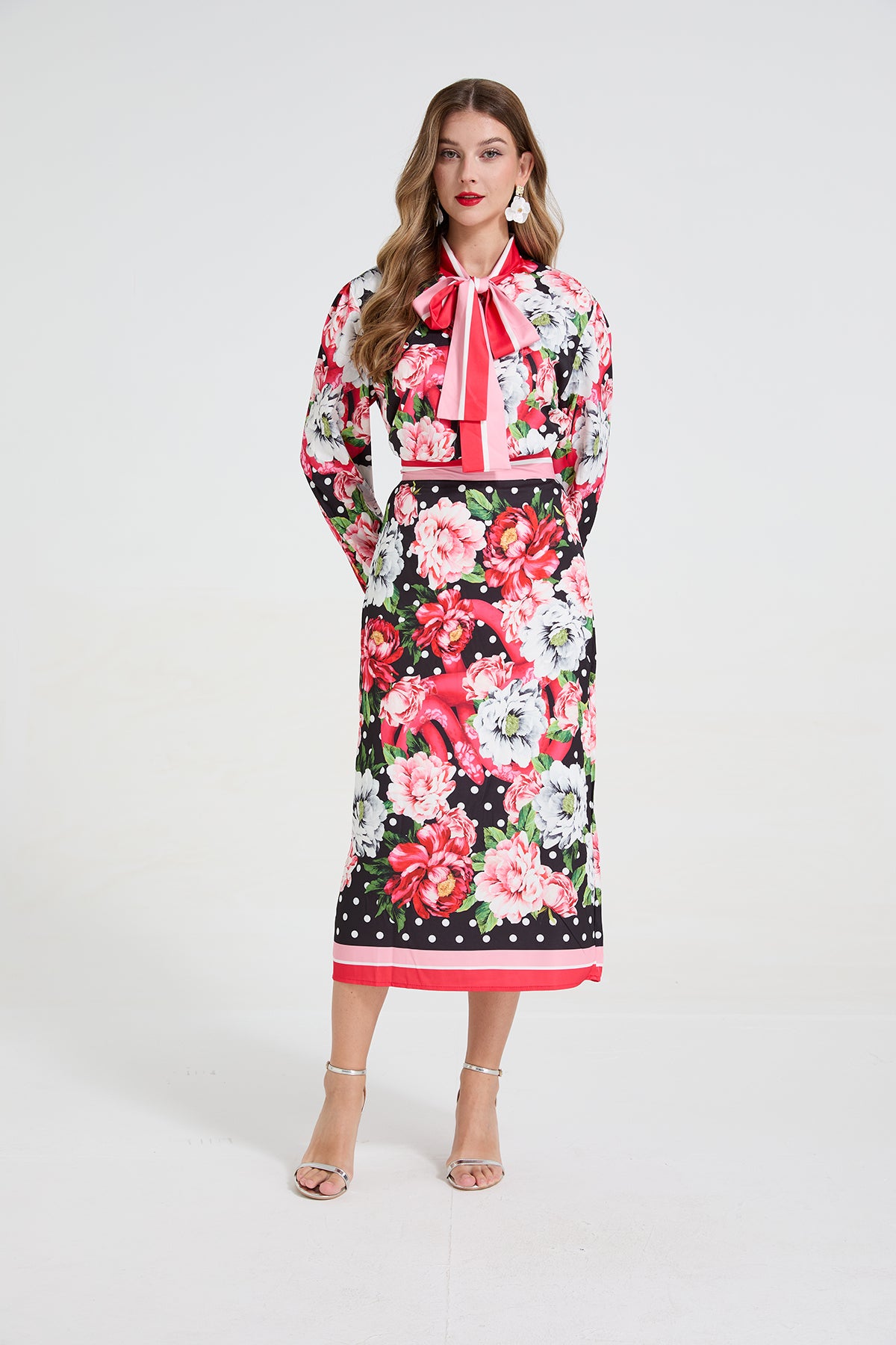 Women's Polka-Dot Shirt & Midi Skirt Set