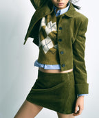 Women's Spring Emerald Corduroy Short Jacket and Skirt Two-Piece Set