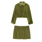Women's Spring Emerald Corduroy Short Jacket and Skirt Two-Piece Set