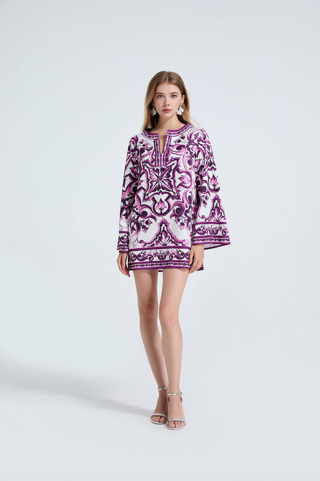Women's Printed Long-Sleeve Slit Dress