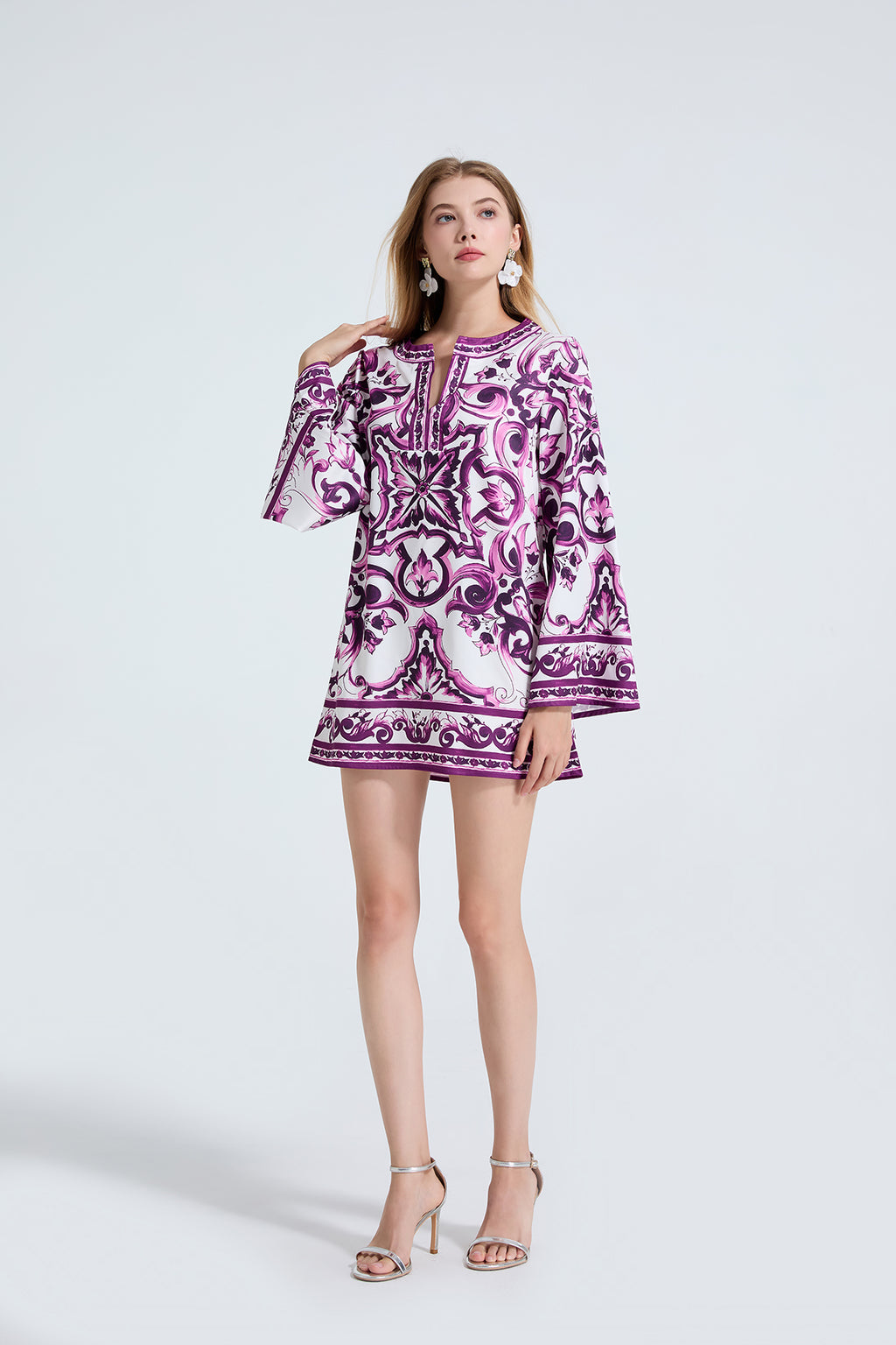 Women's Printed Long-Sleeve Slit Dress