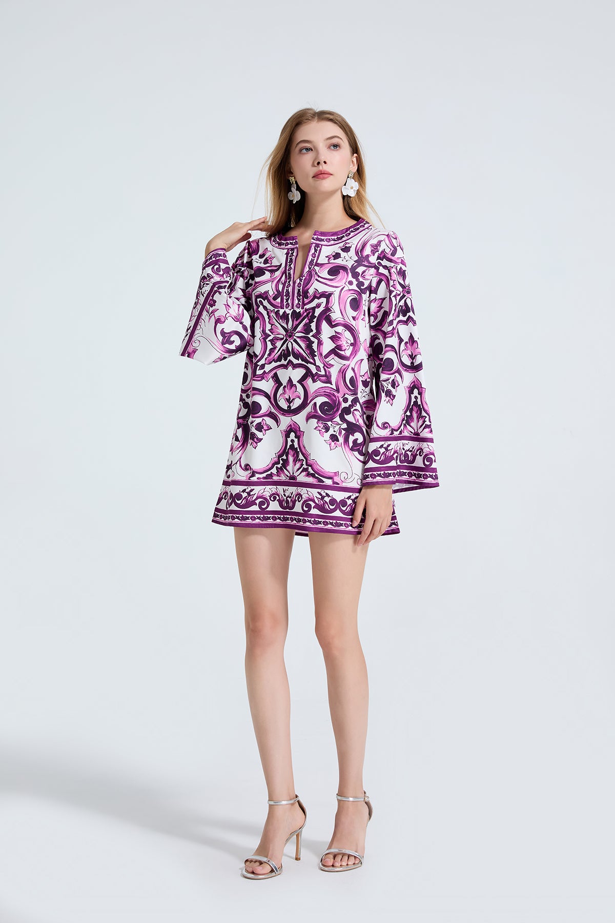 Women's Printed Long-Sleeve Slit Dress