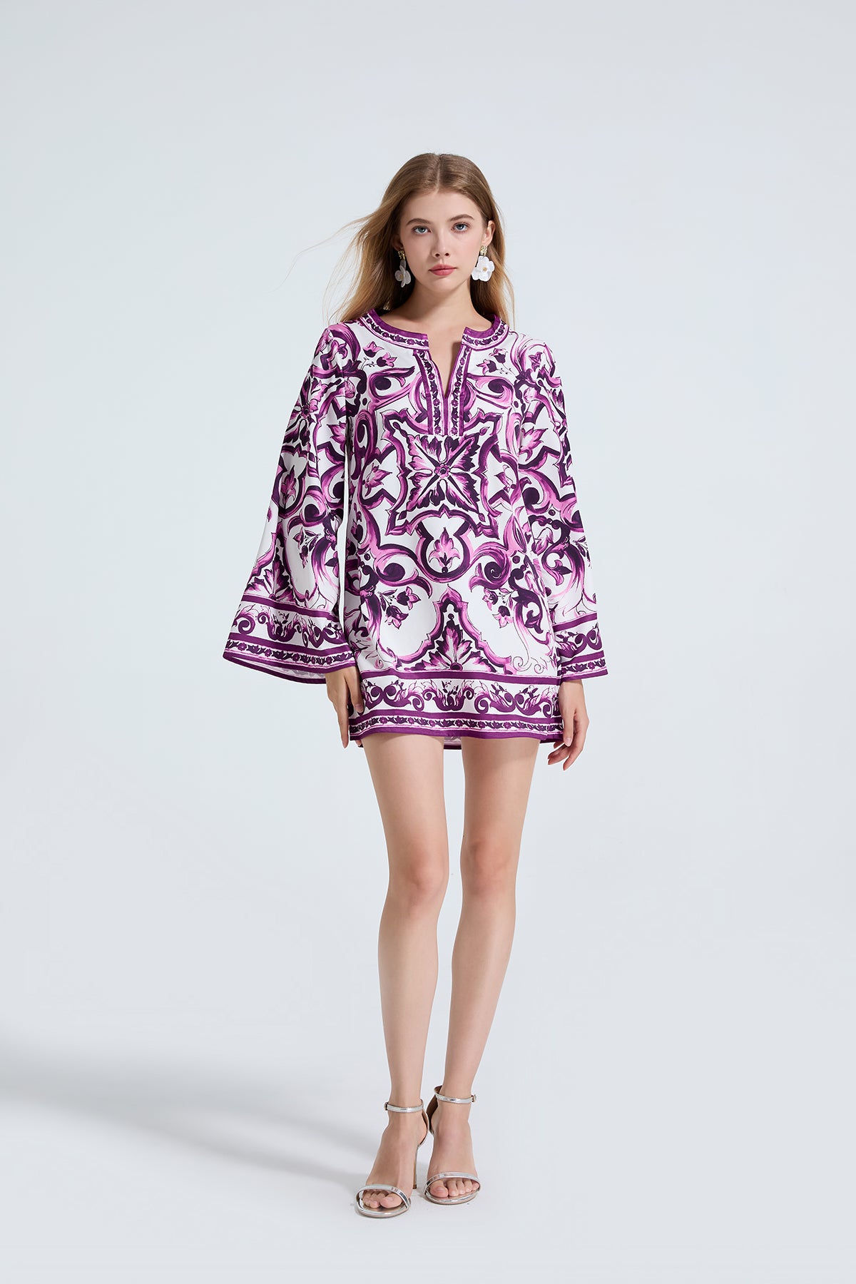 Women's Printed Long-Sleeve Slit Dress