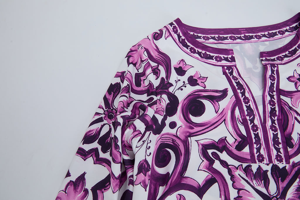 Women's Printed Long-Sleeve Slit Dress