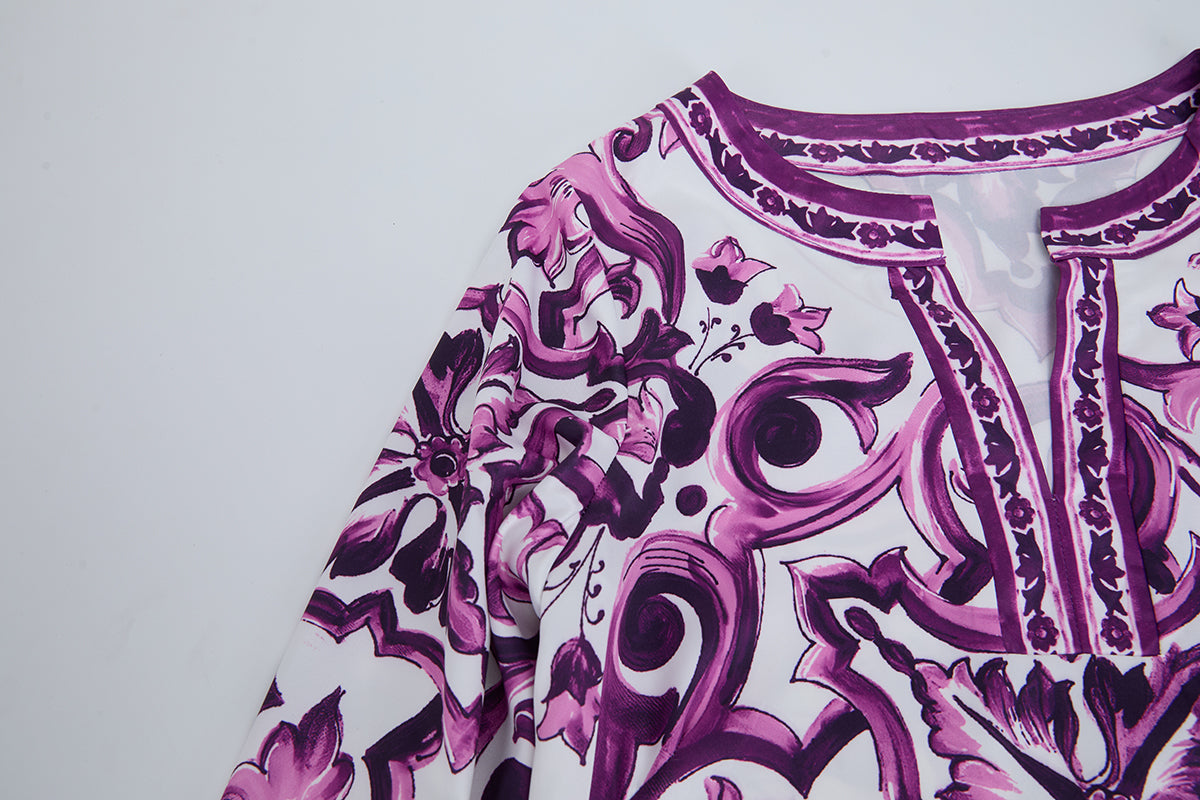 Women's Printed Long-Sleeve Slit Dress