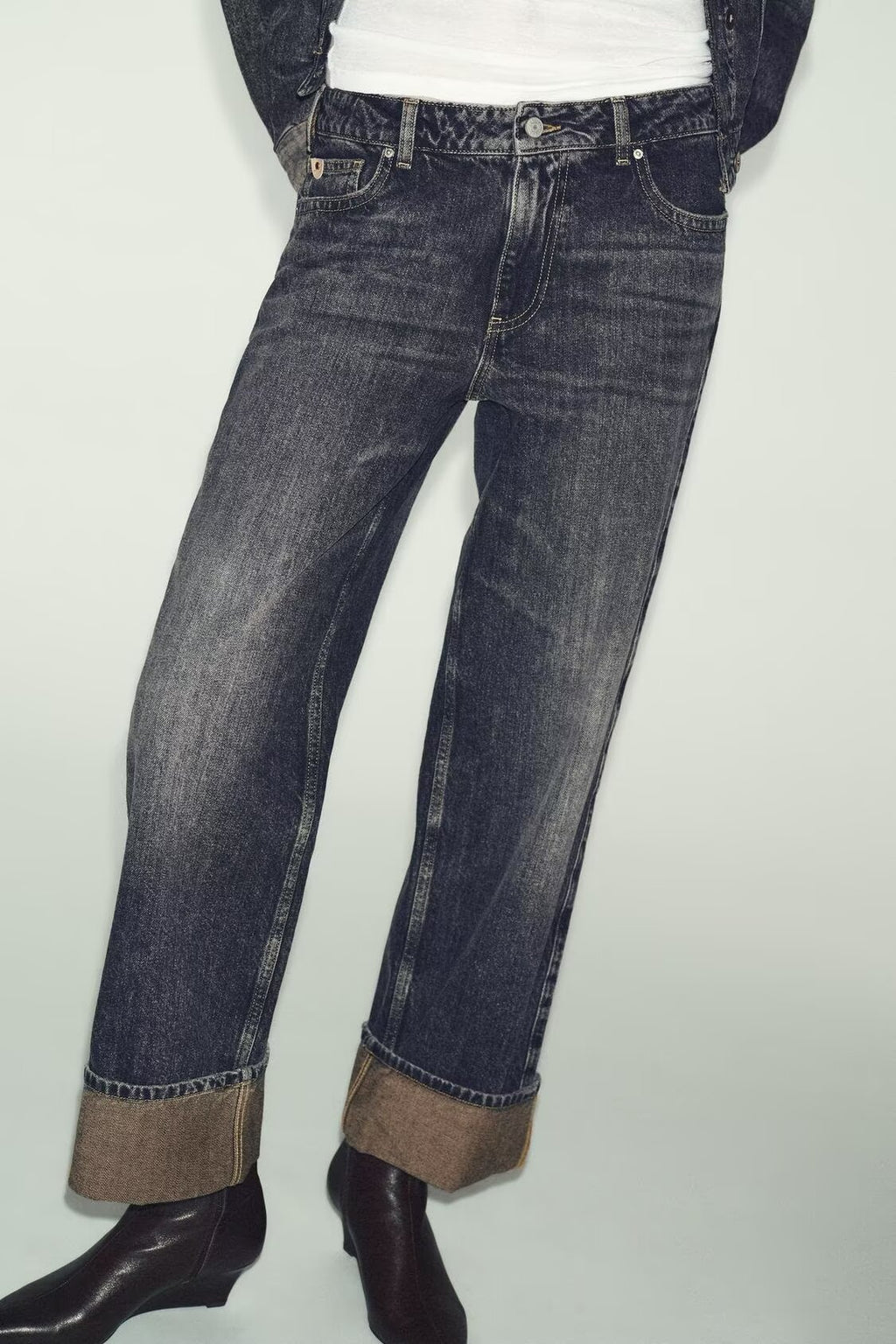 Denim Jacket Coat Straight Mid Waist Rolled Hem Jeans