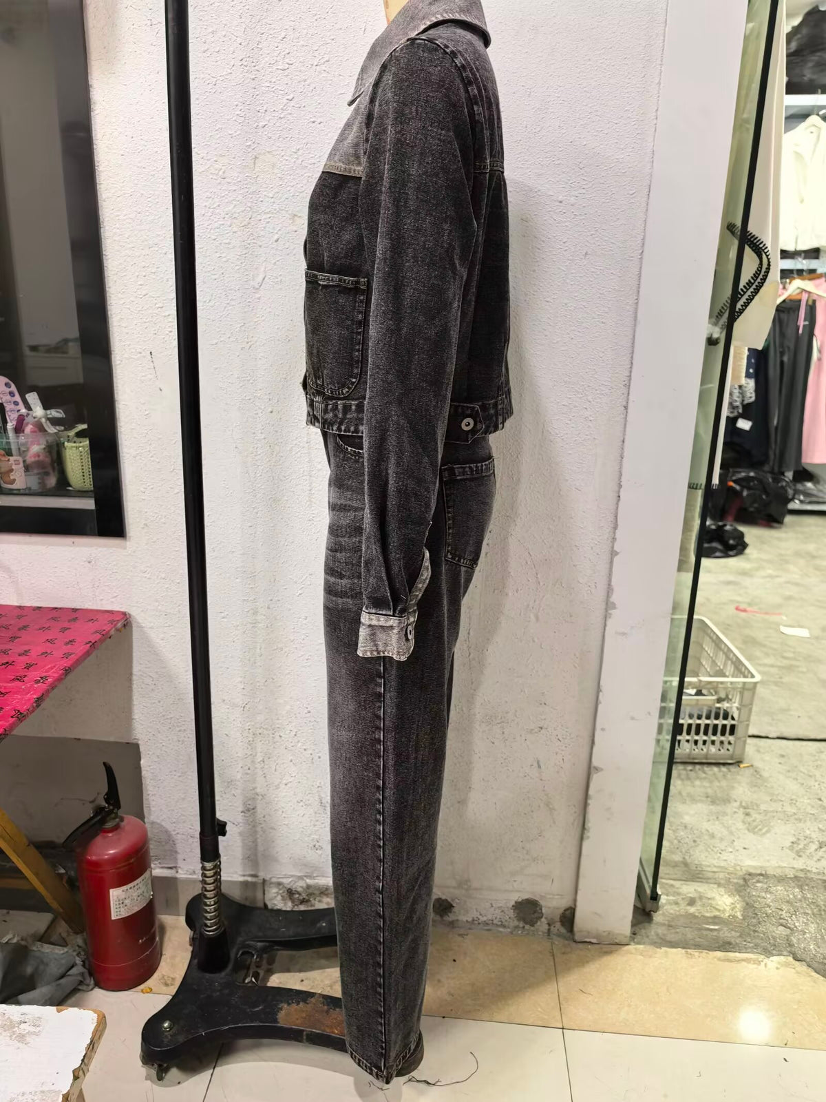 Denim Jacket Coat Straight Mid Waist Rolled Hem Jeans