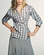 Women's Elegant Waist Slimming Double Breasted Plaid Poplin Shirt