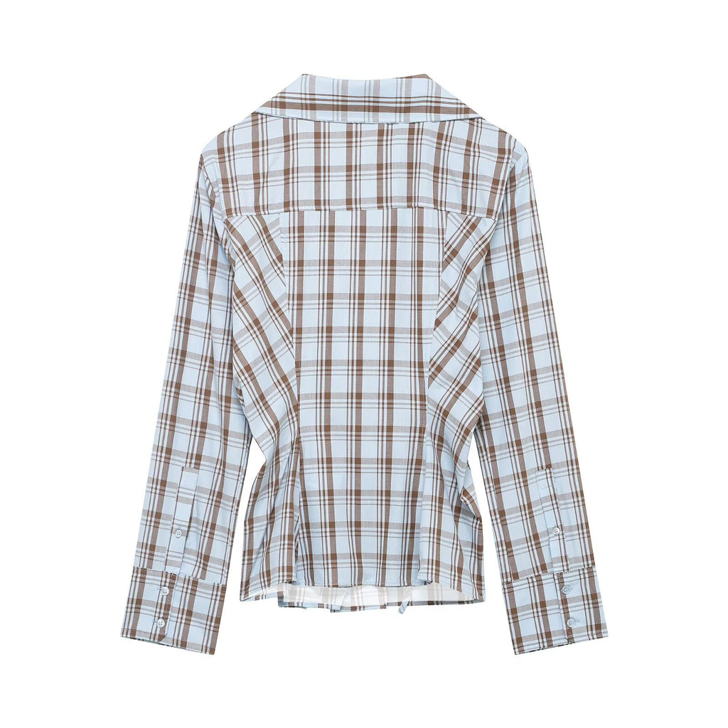 Women's Elegant Waist Slimming Double Breasted Plaid Poplin Shirt