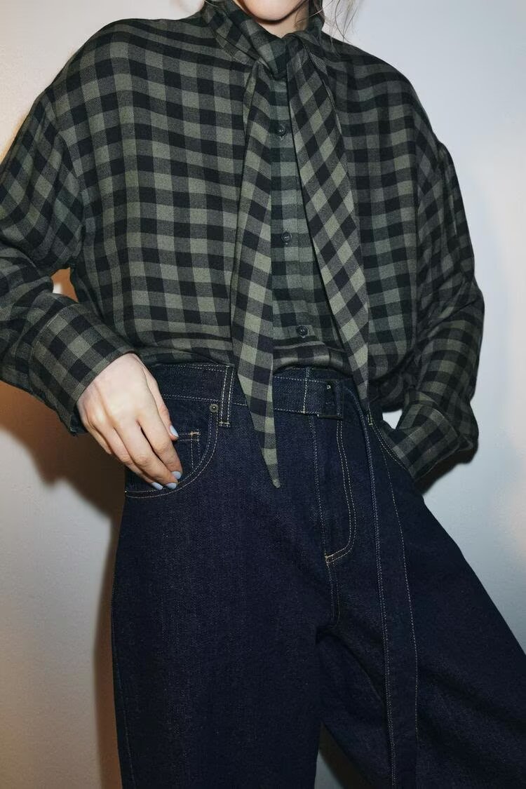 Retro Plaid Scarf Shirt for Women
