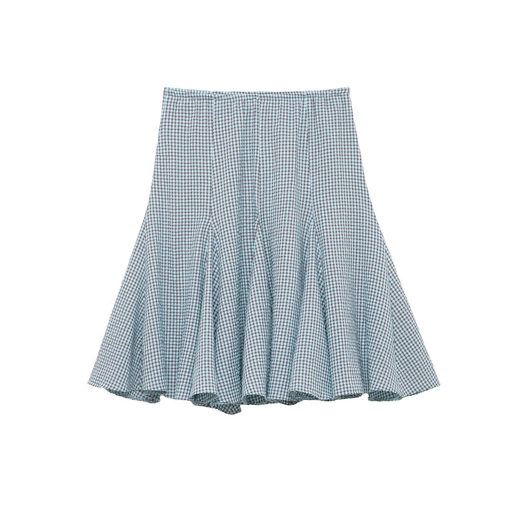 Spring Plaid Wavy Wide Hem Midi Skirt