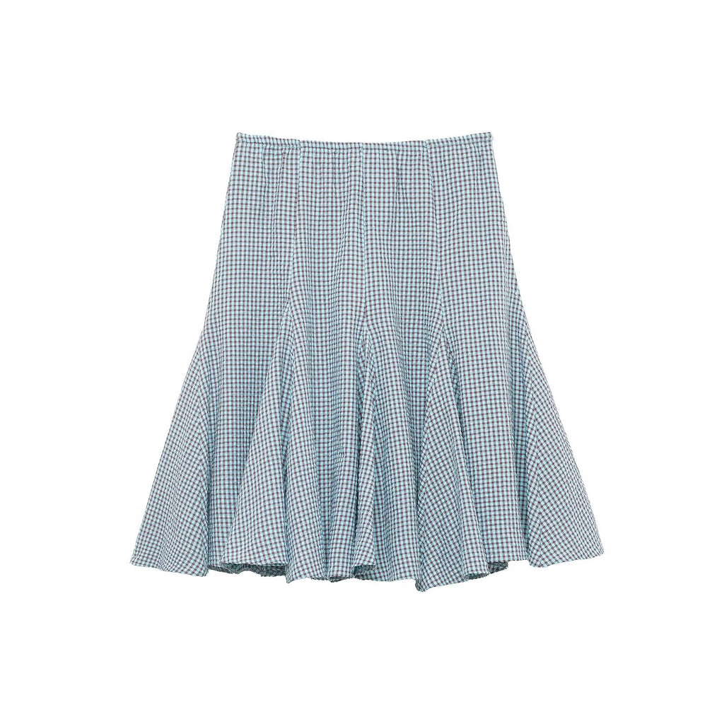 Spring Plaid Wavy Wide Hem Midi Skirt