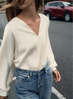 Women's Simplicity Beige Lantern Sleeve Short Shirt