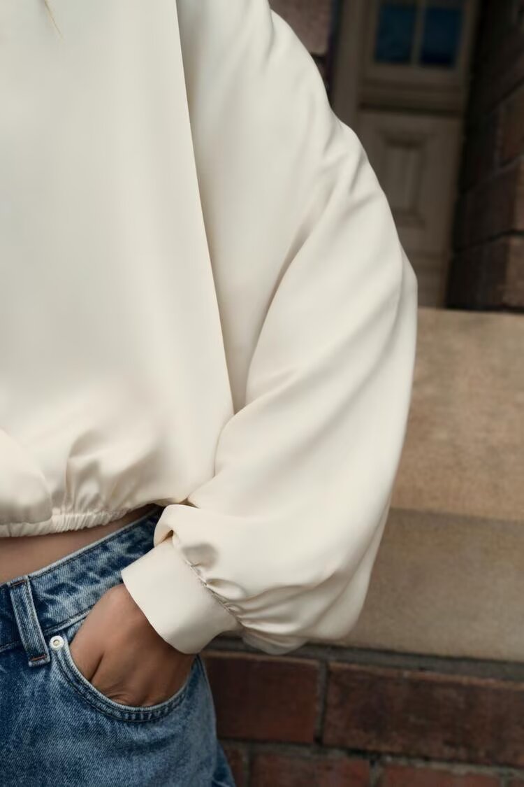 Women's Simplicity Beige Lantern Sleeve Short Shirt