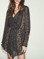 Spring Summer Retro Metal Color Line Printed V-Neck Loose Dress