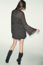 Spring Summer Retro Metal Color Line Printed V-Neck Loose Dress