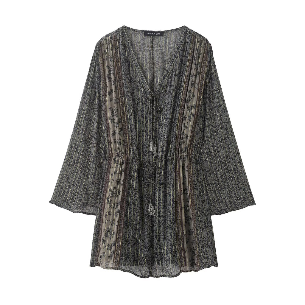Spring Summer Retro Metal Color Line Printed V-Neck Loose Dress