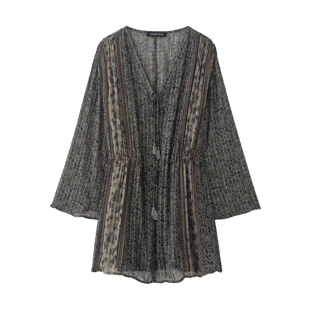 Spring Summer Retro Metal Color Line Printed V-Neck Loose Dress