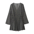 Spring Summer Retro Metal Color Line Printed V-Neck Loose Dress