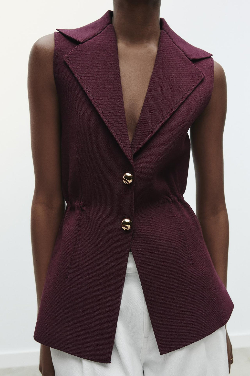 Pleated Collared Sleeveless Knit Vest