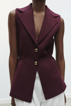 Pleated Collared Sleeveless Knit Vest