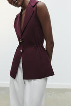Pleated Collared Sleeveless Knit Vest