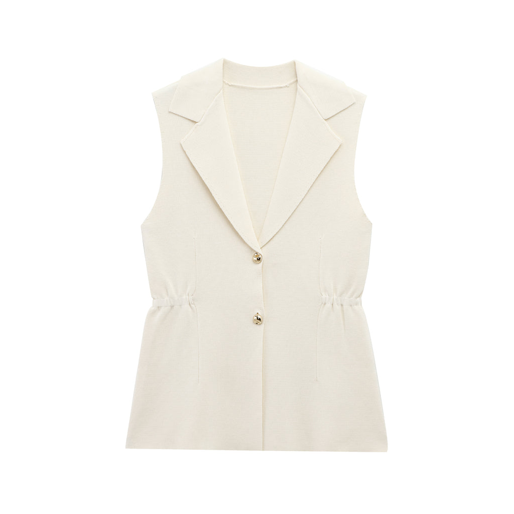 Pleated Collared Sleeveless Knit Vest