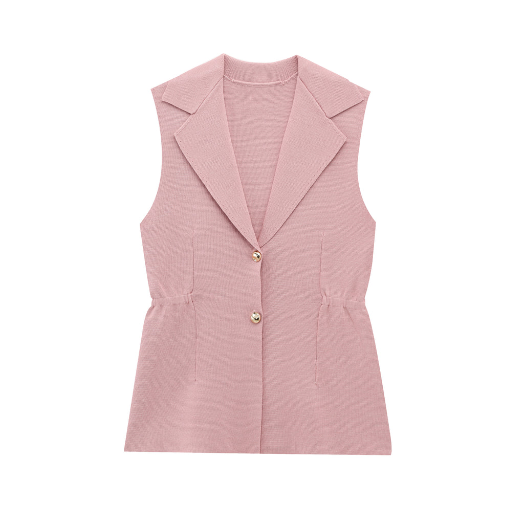 Pleated Collared Sleeveless Knit Vest
