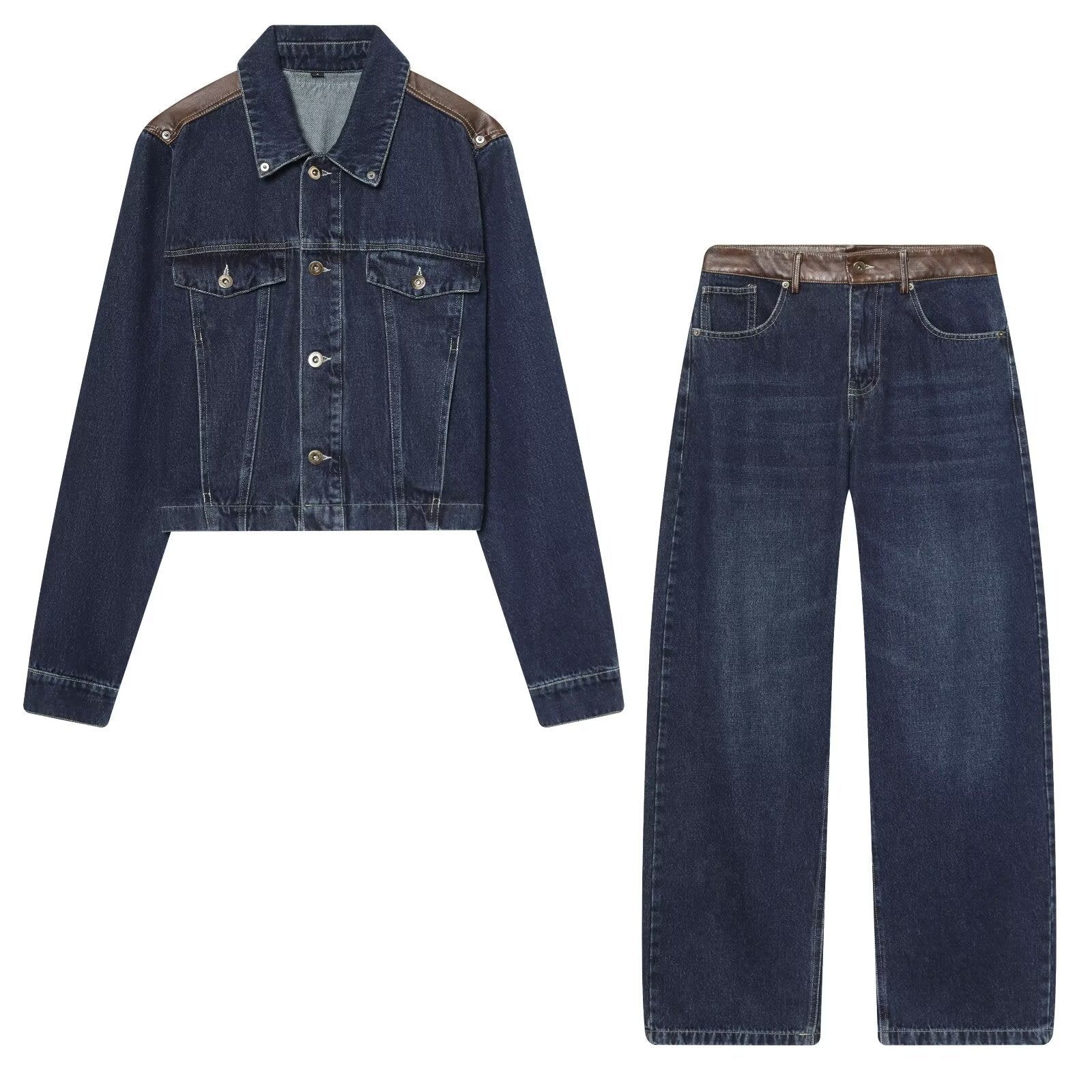 Denim Leather Effect Jacket Coat High Waist Straight Wide Leg Jeans