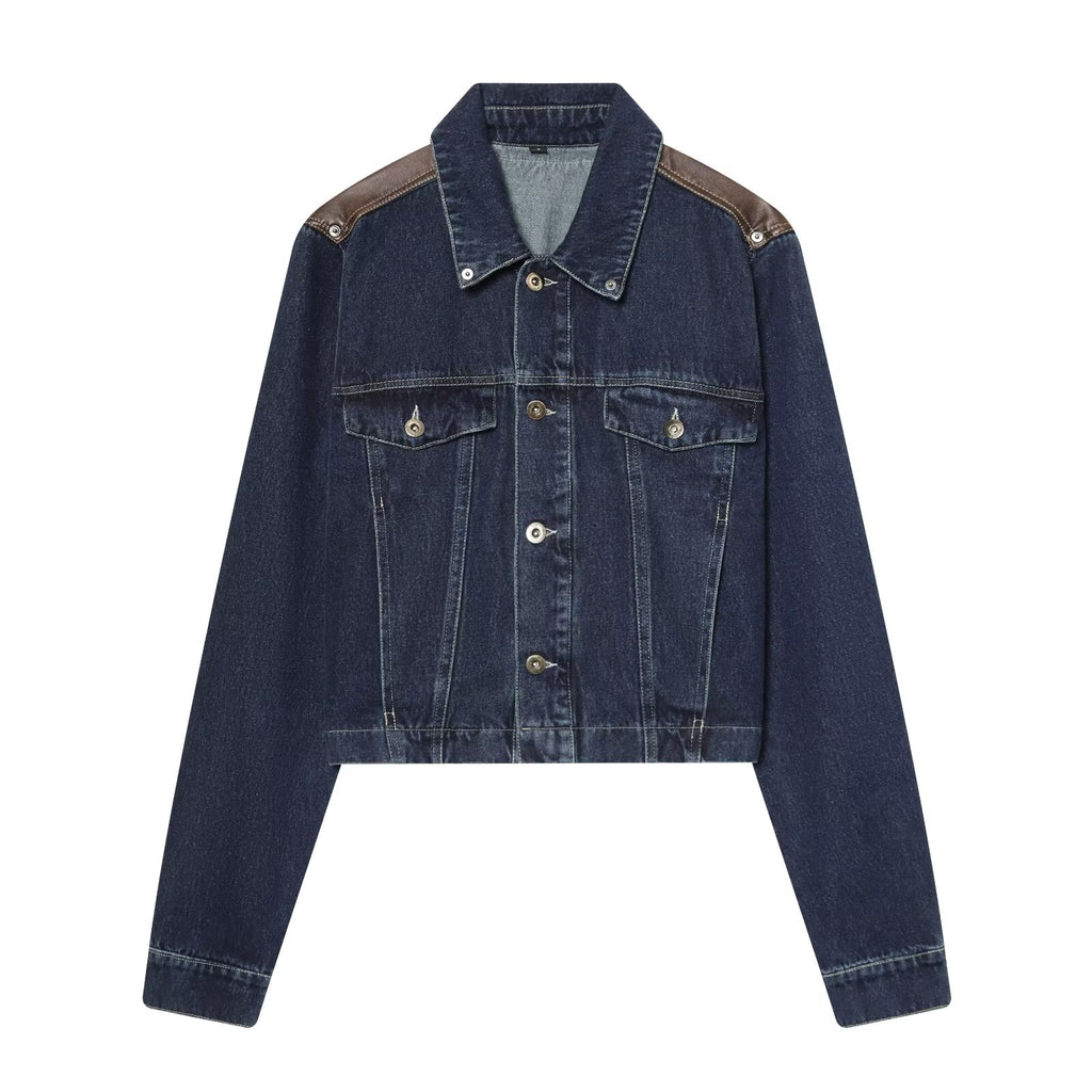 Denim Leather Effect Jacket Coat High Waist Straight Wide Leg Jeans
