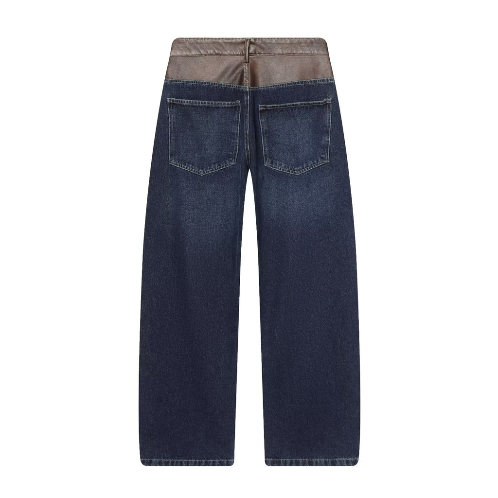 Denim Leather Effect Jacket Coat High Waist Straight Wide Leg Jeans