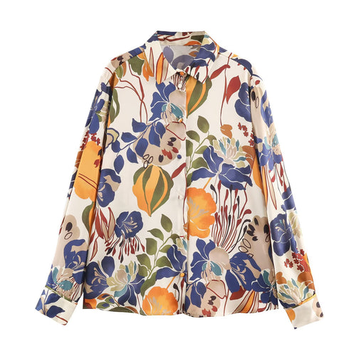 Spring Women Casual Loose Printed Silk Satin Texture Shirt