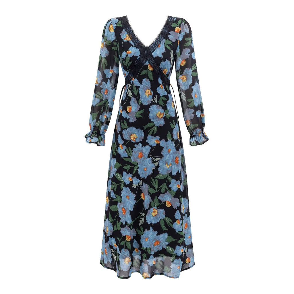 Women's Printed Lace V-Neck Long-Sleeve Dress