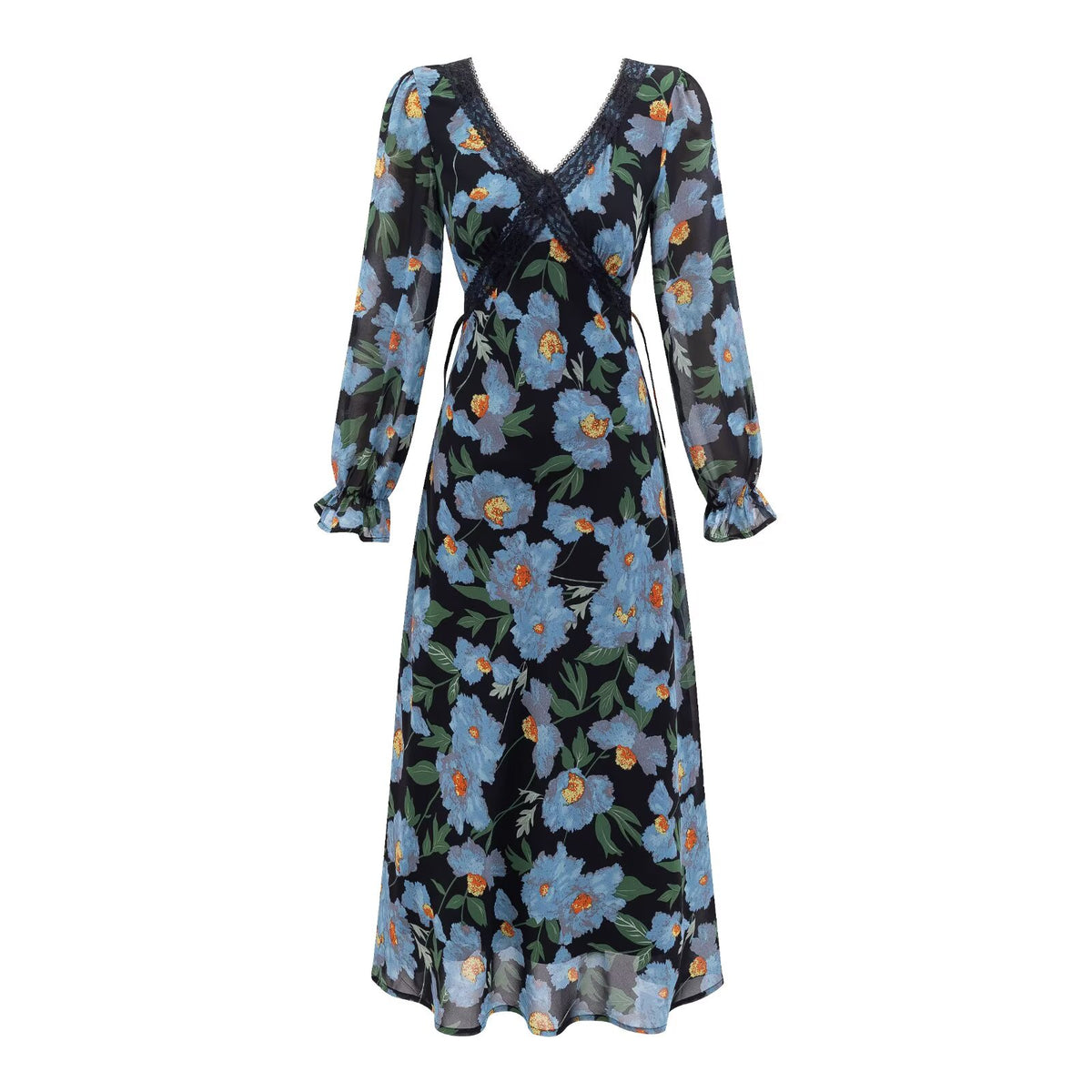 Women's Printed Lace V-Neck Long-Sleeve Dress