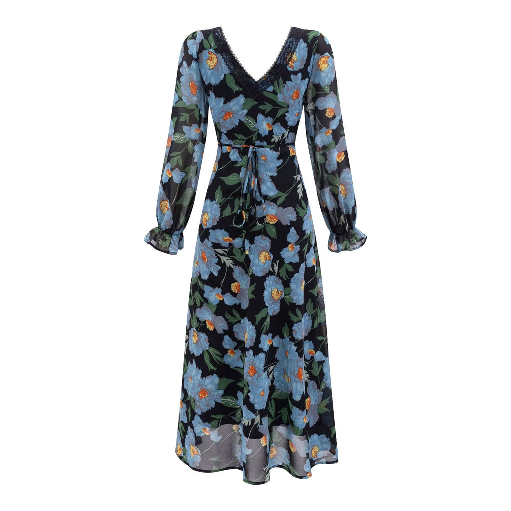 Women's Printed Lace V-Neck Long-Sleeve Dress