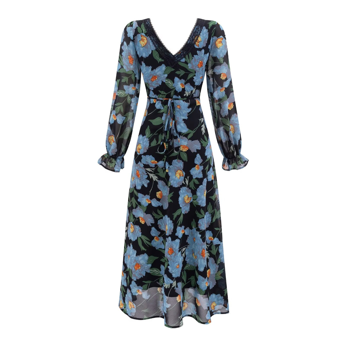 Women's Printed Lace V-Neck Long-Sleeve Dress