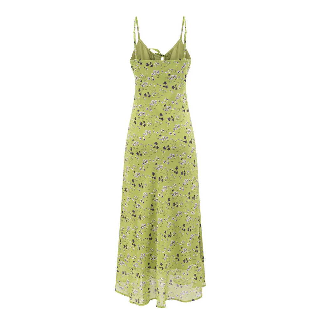 Women's Spring Floral Tie Neck One Piece Split Drape A-Line Look Dress