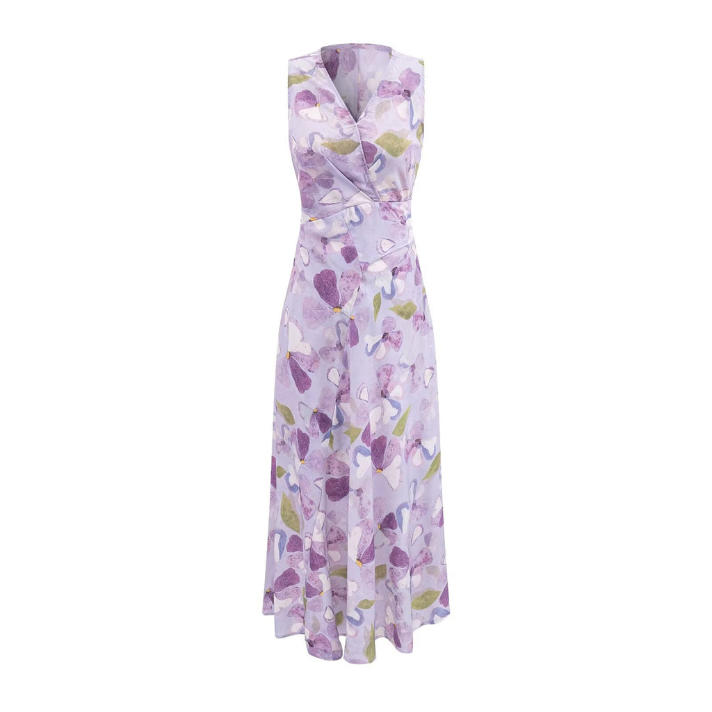 Printed Cross V neck Waist Controlled Lace up Sleeveless Dress Summer Slim Fit Maxi Dress Women