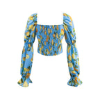 Women's Early Spring Holiday Casual Blue Background Printed Drawstring Tied Long Sleeves Short Shirt