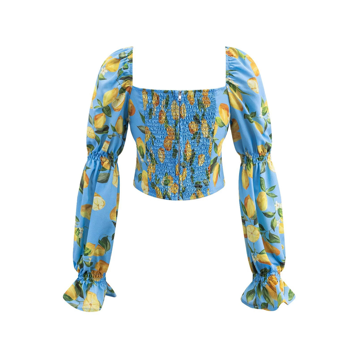 Women's Early Spring Holiday Casual Blue Background Printed Drawstring Tied Long Sleeves Short Shirt
