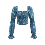 Women's Early Spring Holiday Casual Blue Background Printed Drawstring Tied Long Sleeves Short Shirt